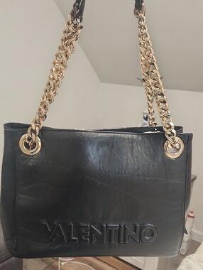 Valentino Luisa Black Leather Tote Bag with Gold Chain Straps. Like New